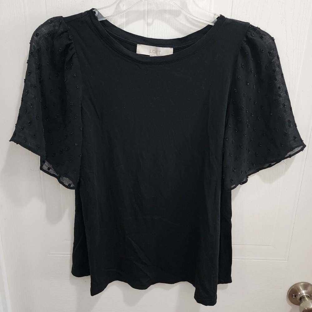 Loft Women's Blouse Top Short Sheer Sleeves Clipdot Black Size XXS Pima Cotton